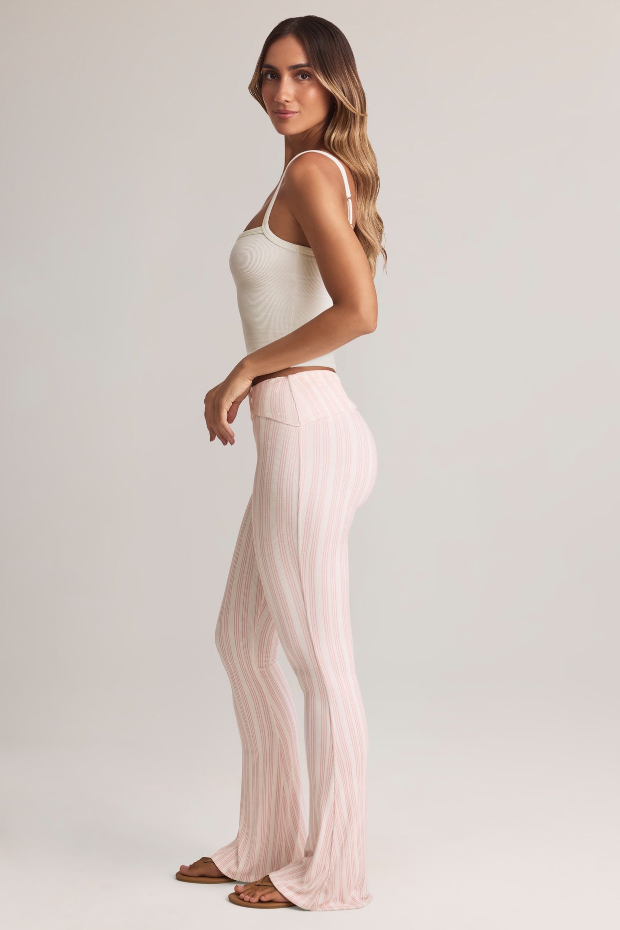Modal Foldover Mid-Rise Flared Trousers in Stripe Print - 6