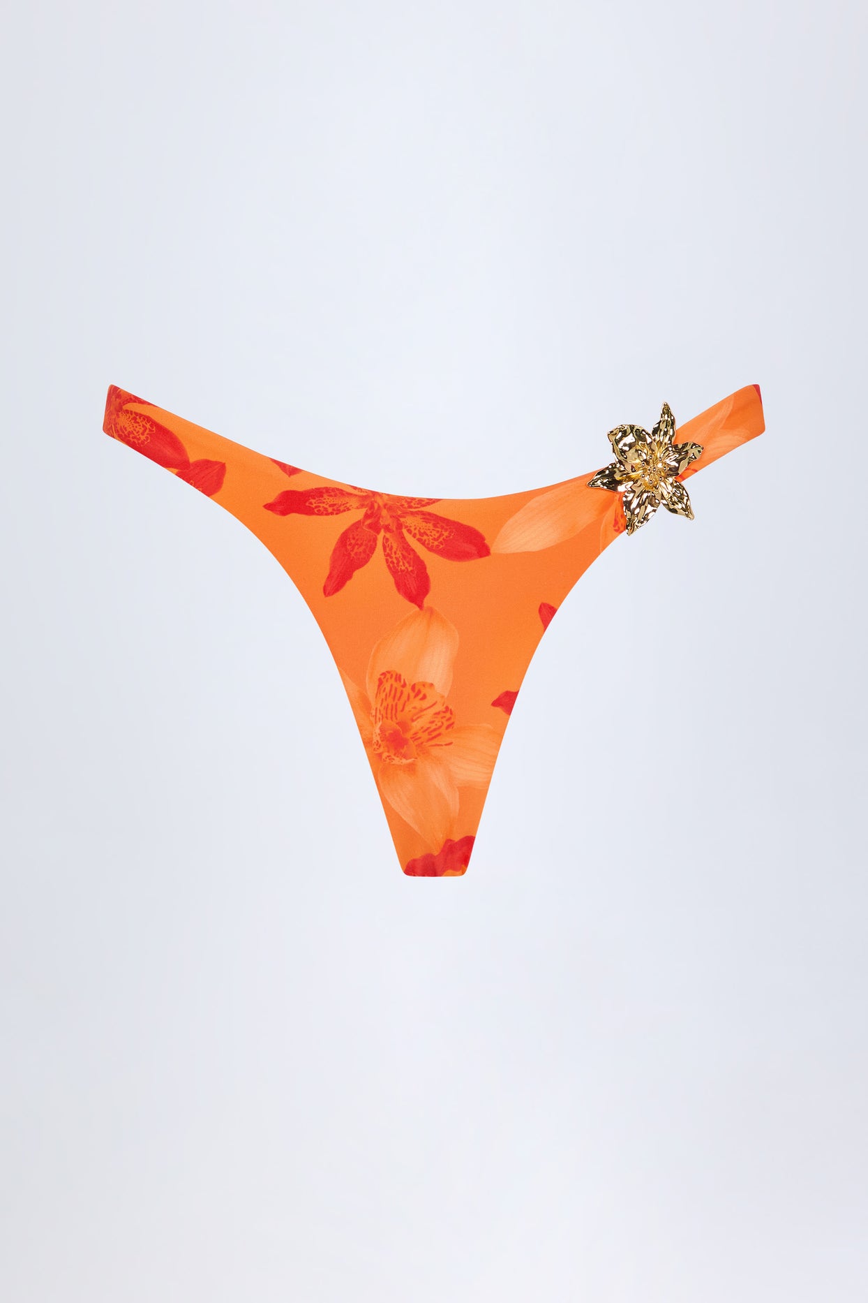 Hardware-Detail Cheeky Bikini Bottoms in Orange Orchid Print - 3