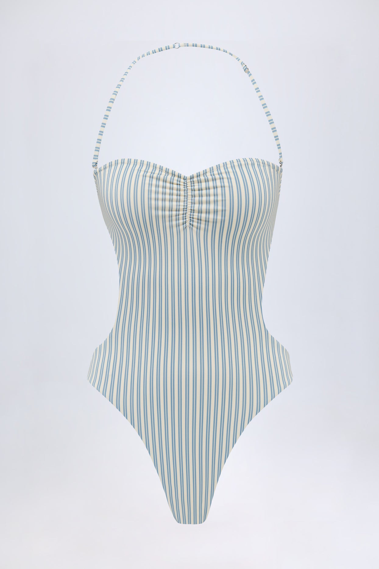 Cut-Out Halterneck Swimsuit in Teal Double Stripe - 2