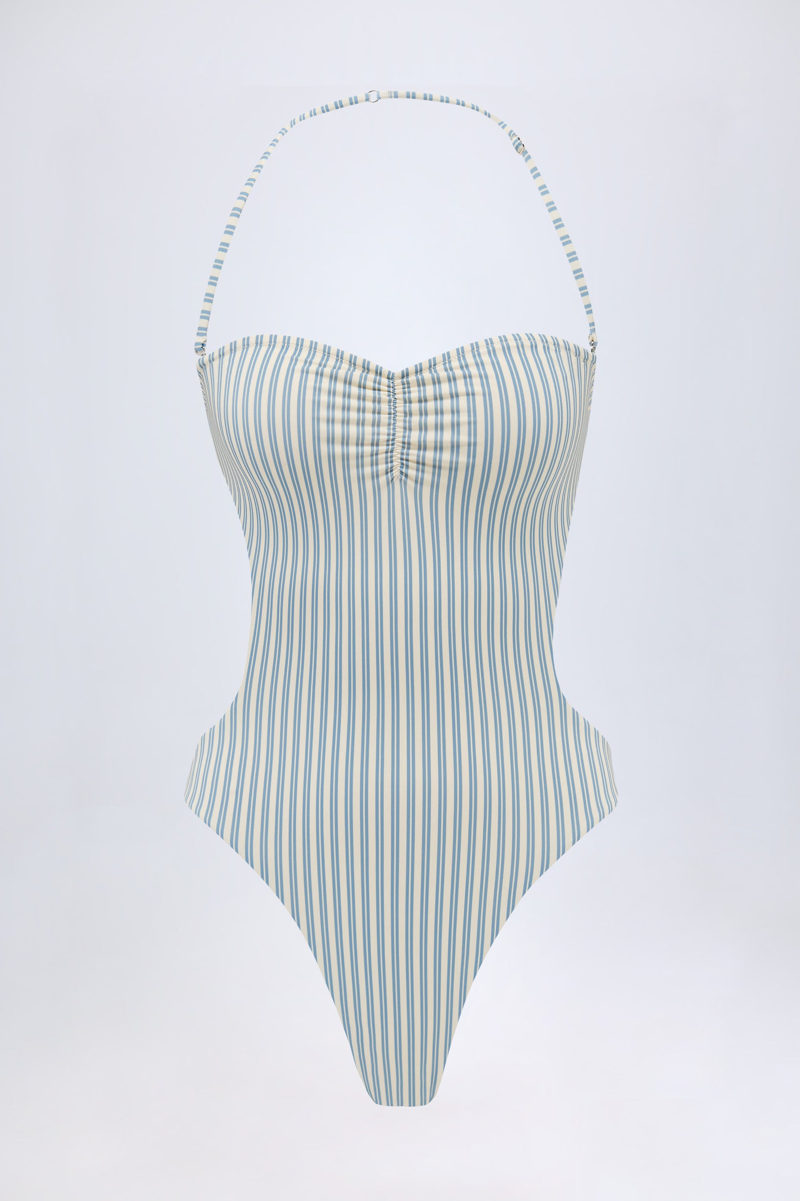 Cut-Out Halterneck Swimsuit in Teal Double Stripe - 2