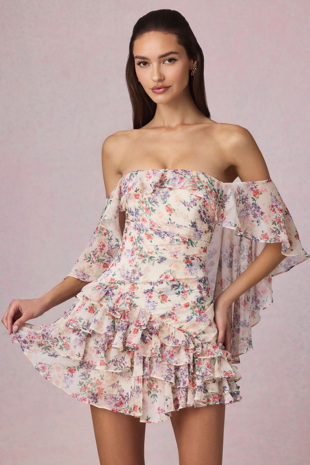 Off-Shoulder Ruffled Mini Dress in Primrose Floral Print - 1