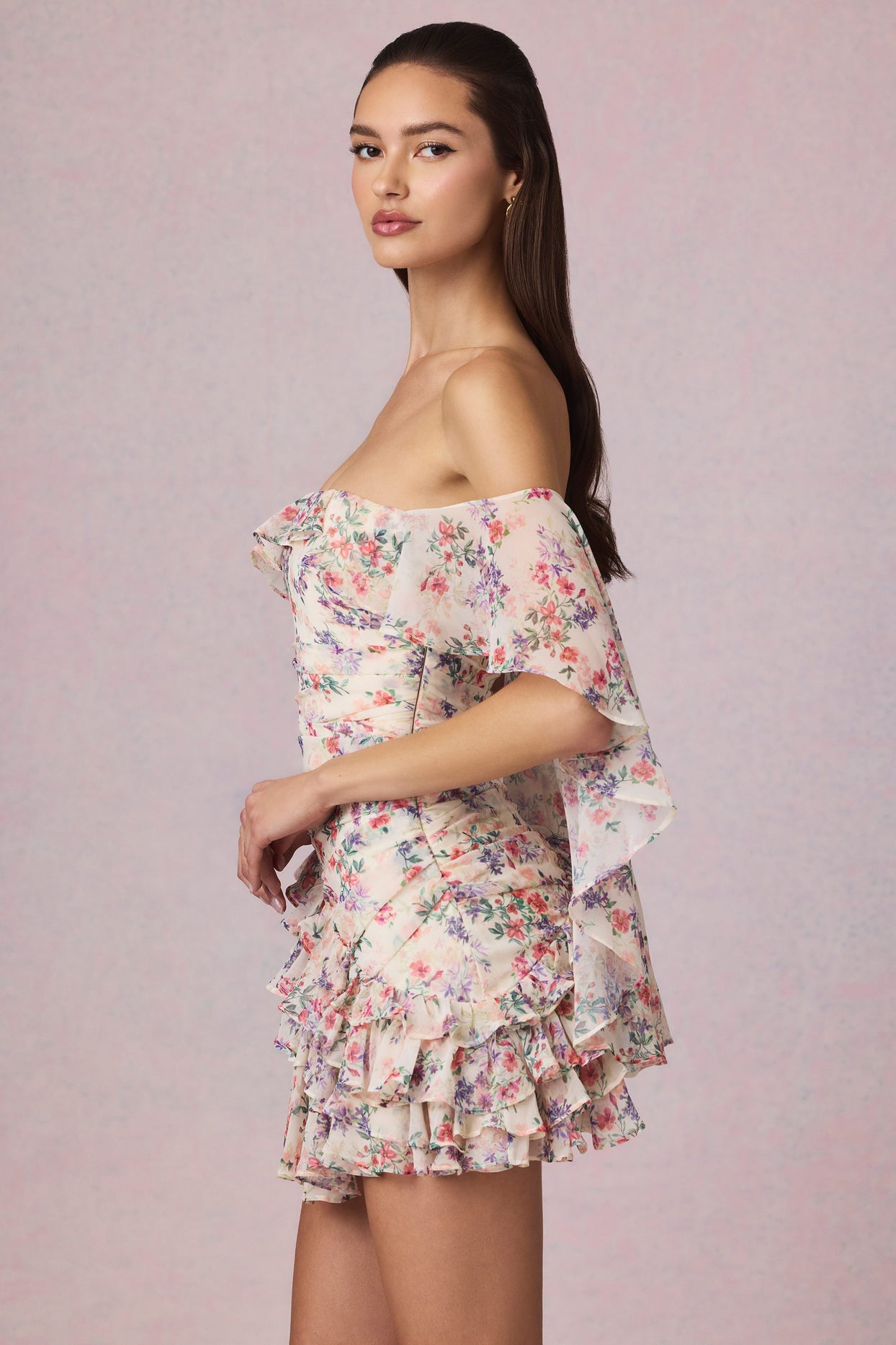 Off-Shoulder Ruffled Mini Dress in Primrose Floral Print - 3