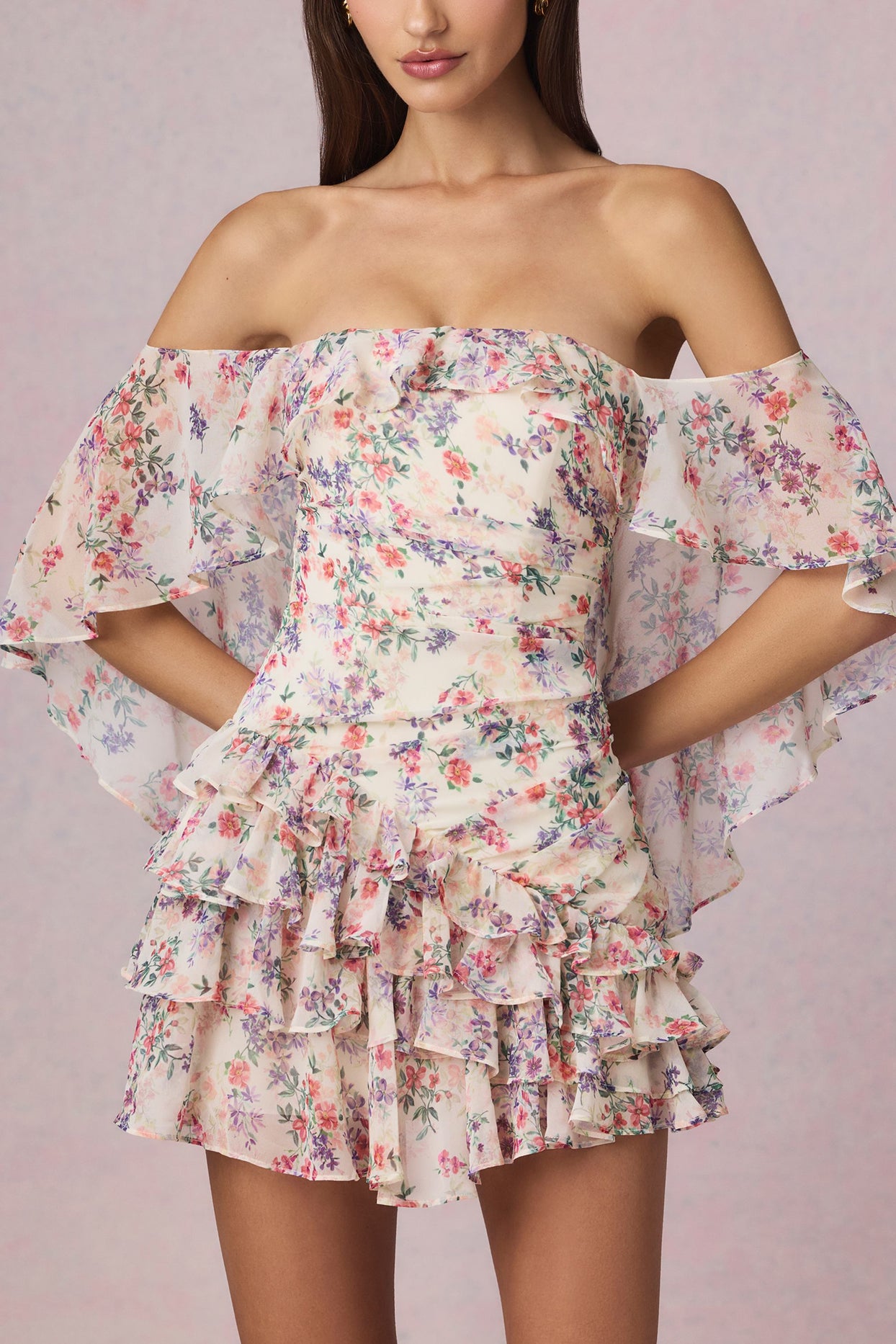 Off-Shoulder Ruffled Mini Dress in Primrose Floral Print - 4