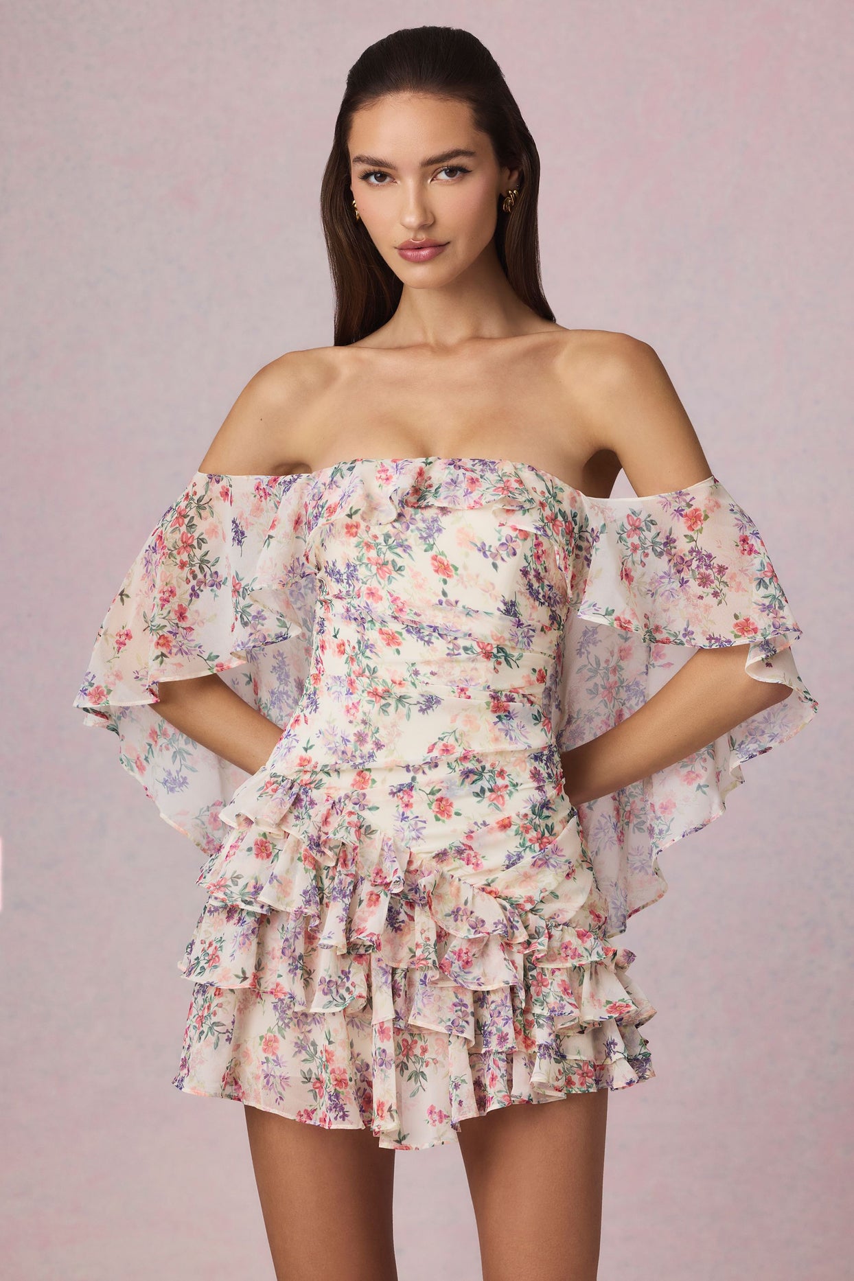 Off-Shoulder Ruffled Mini Dress in Primrose Floral Print - 8