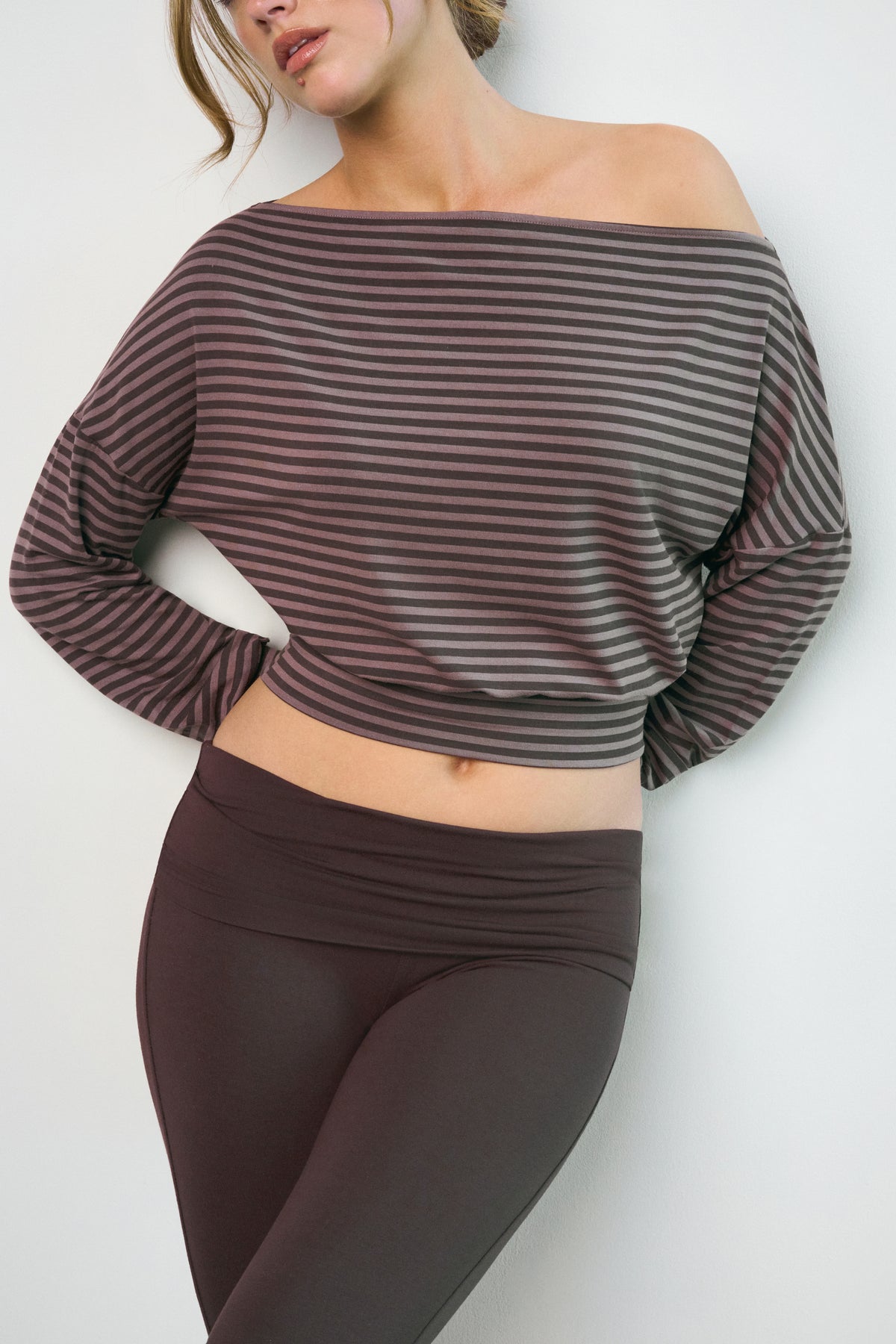 ButterCloud™ Slouchy Off-Shoulder Top in Espresso Stripe - 1