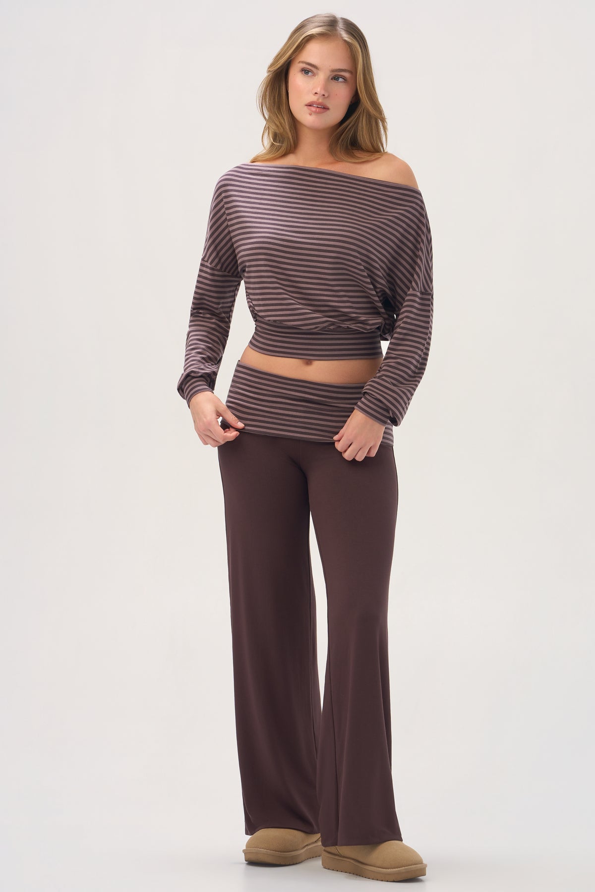 ButterCloud™ Slouchy Off-Shoulder Top in Espresso Stripe