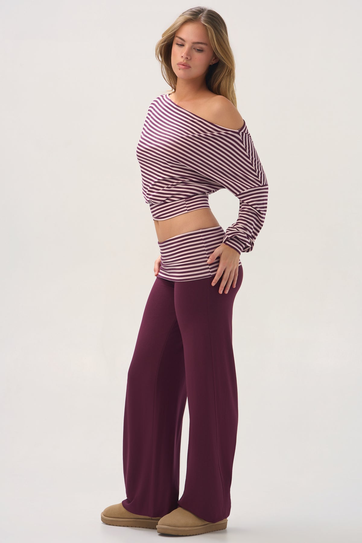 ButterCloud™ Slouchy Off-Shoulder Top in Plum Stripe