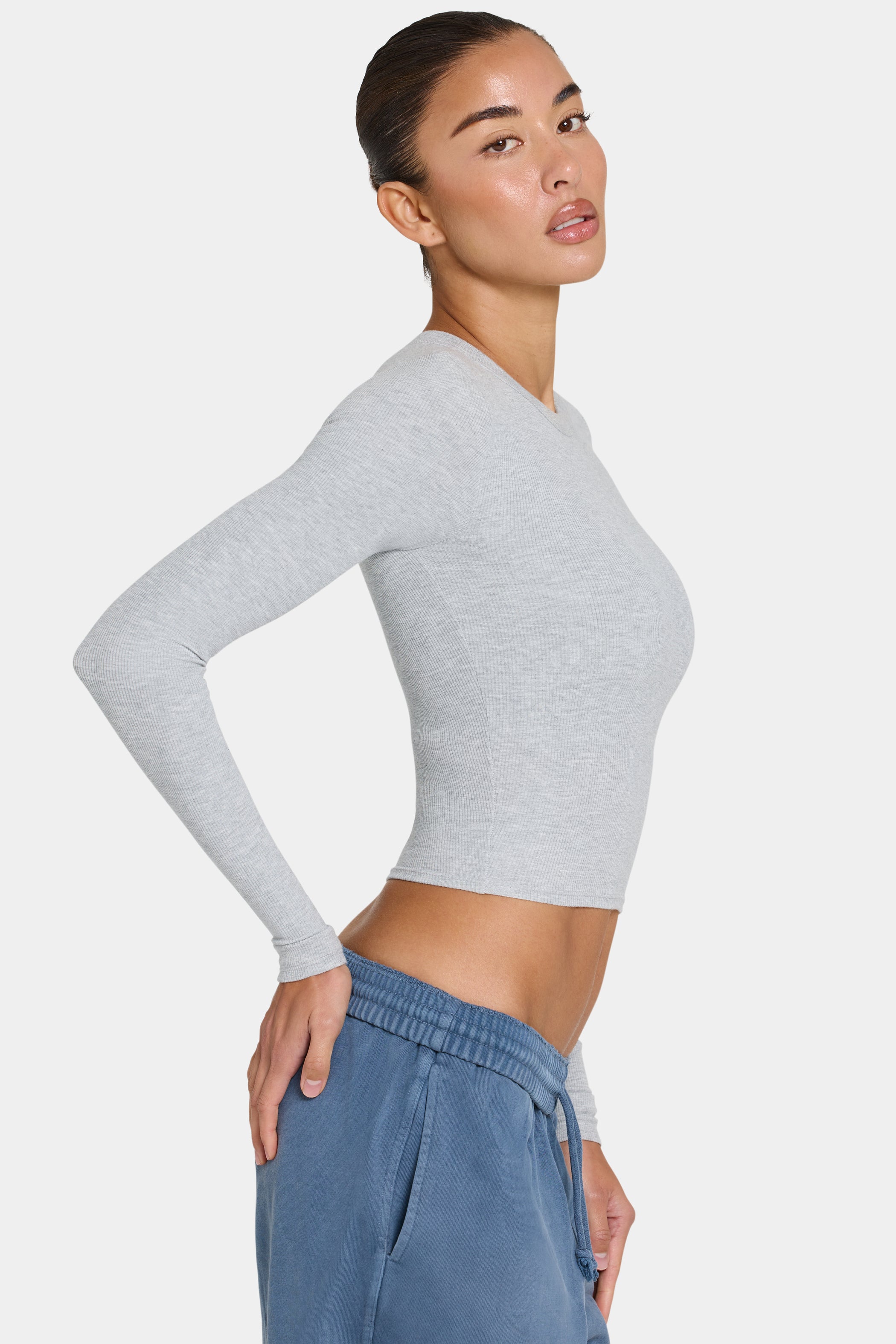 ButterCloud™ Built-In Bra Long Sleeve Crop Top in Grey Marl