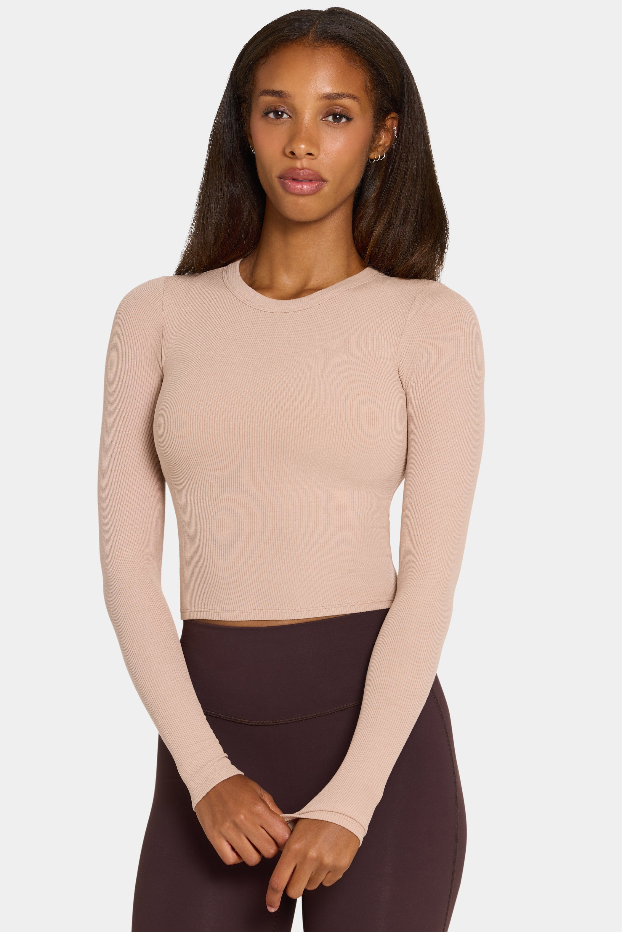 ButterCloud™ Built-In Bra Long Sleeve Crop Top in Oatmeal