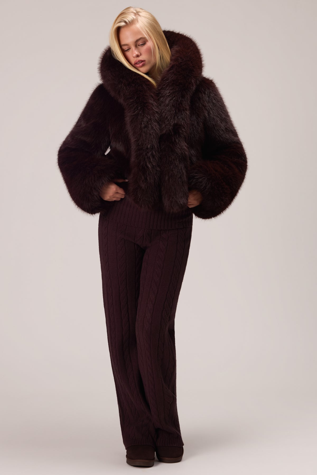 Cropped Hooded Fur Jacket in Hot Cocoa