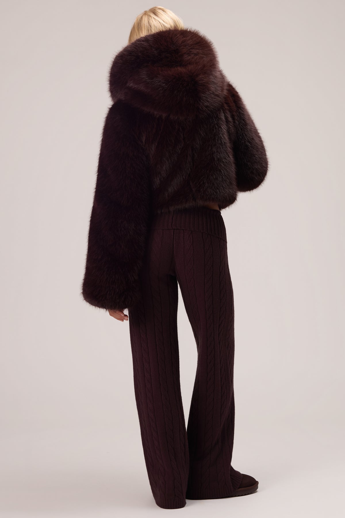 Cropped Hooded Fur Jacket in Hot Cocoa