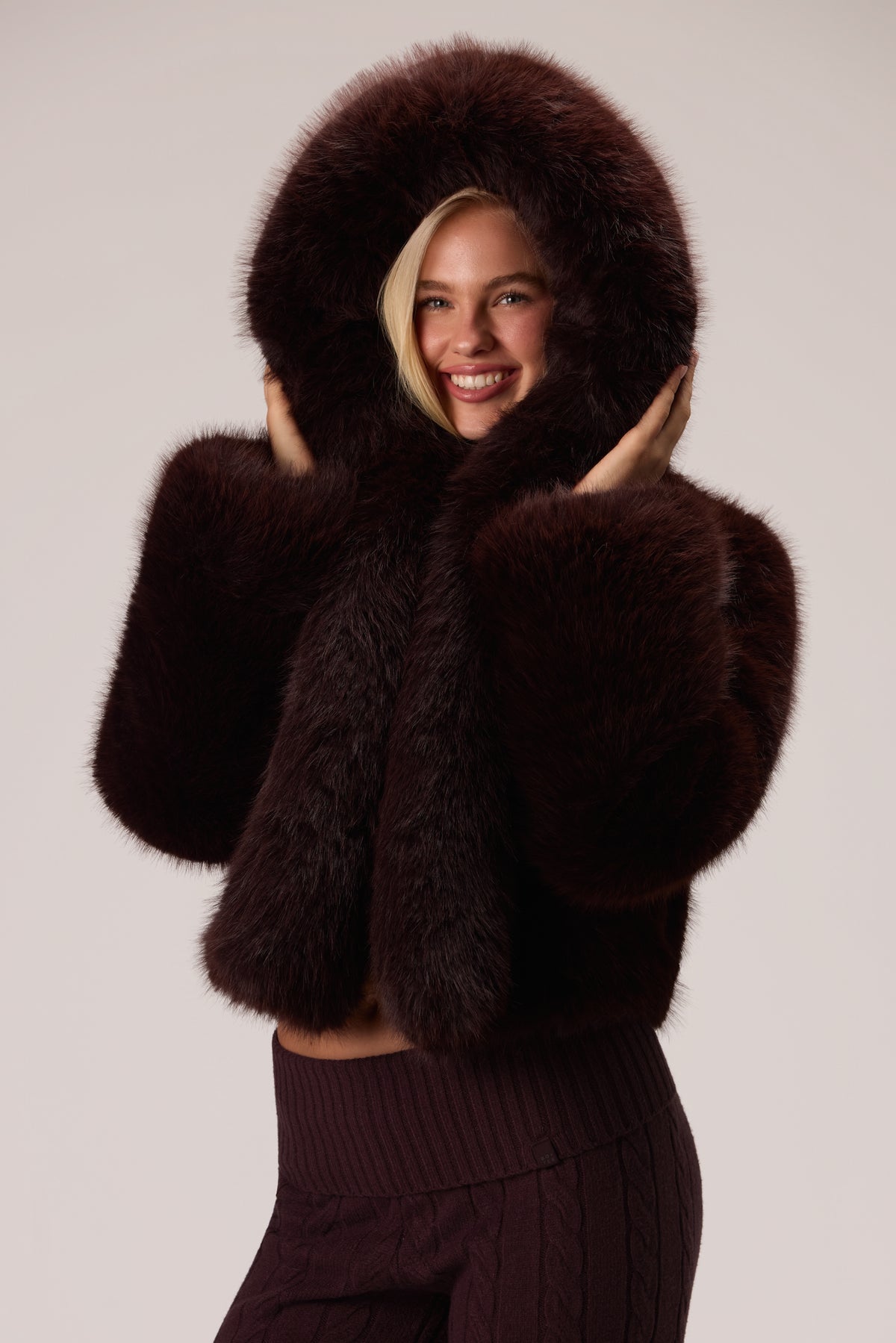 Cropped Hooded Fur Jacket in Hot Cocoa