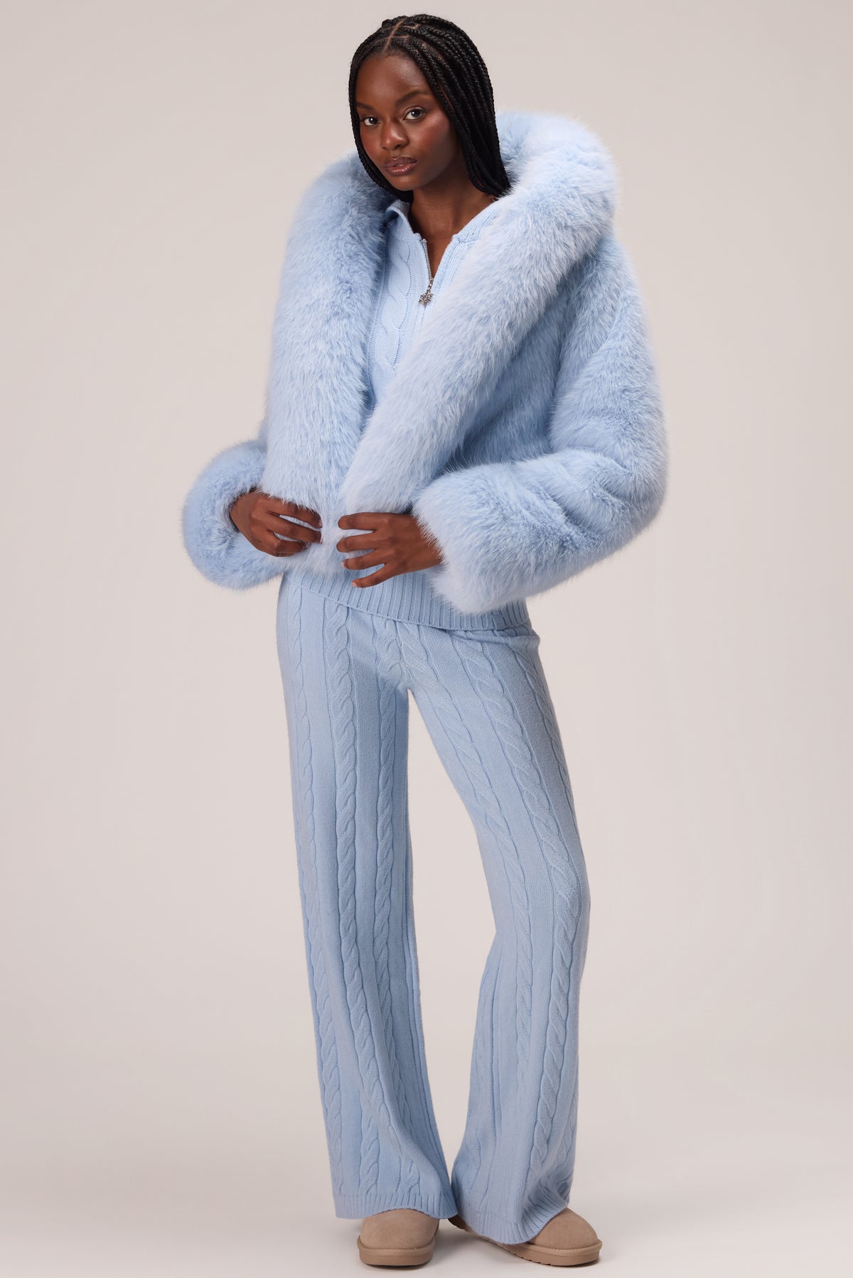 Cropped Hooded Fur Jacket in Powder Blue