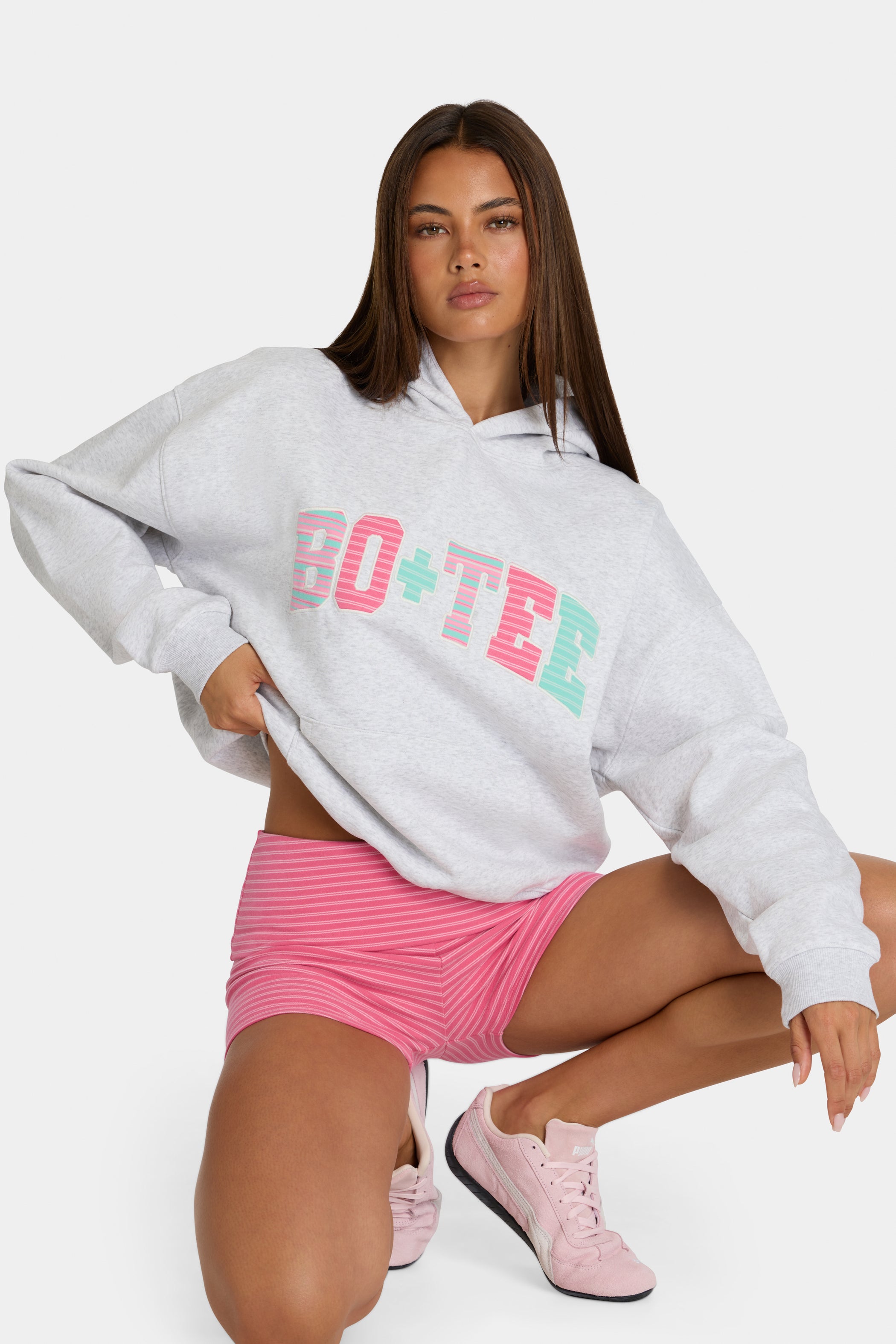 Oversized Applique Hoodie in Grey Marl Stripe - 1