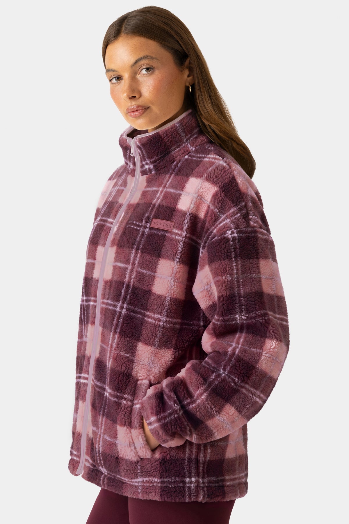 Oversized Zip-Up Fleece in Plum Plaid