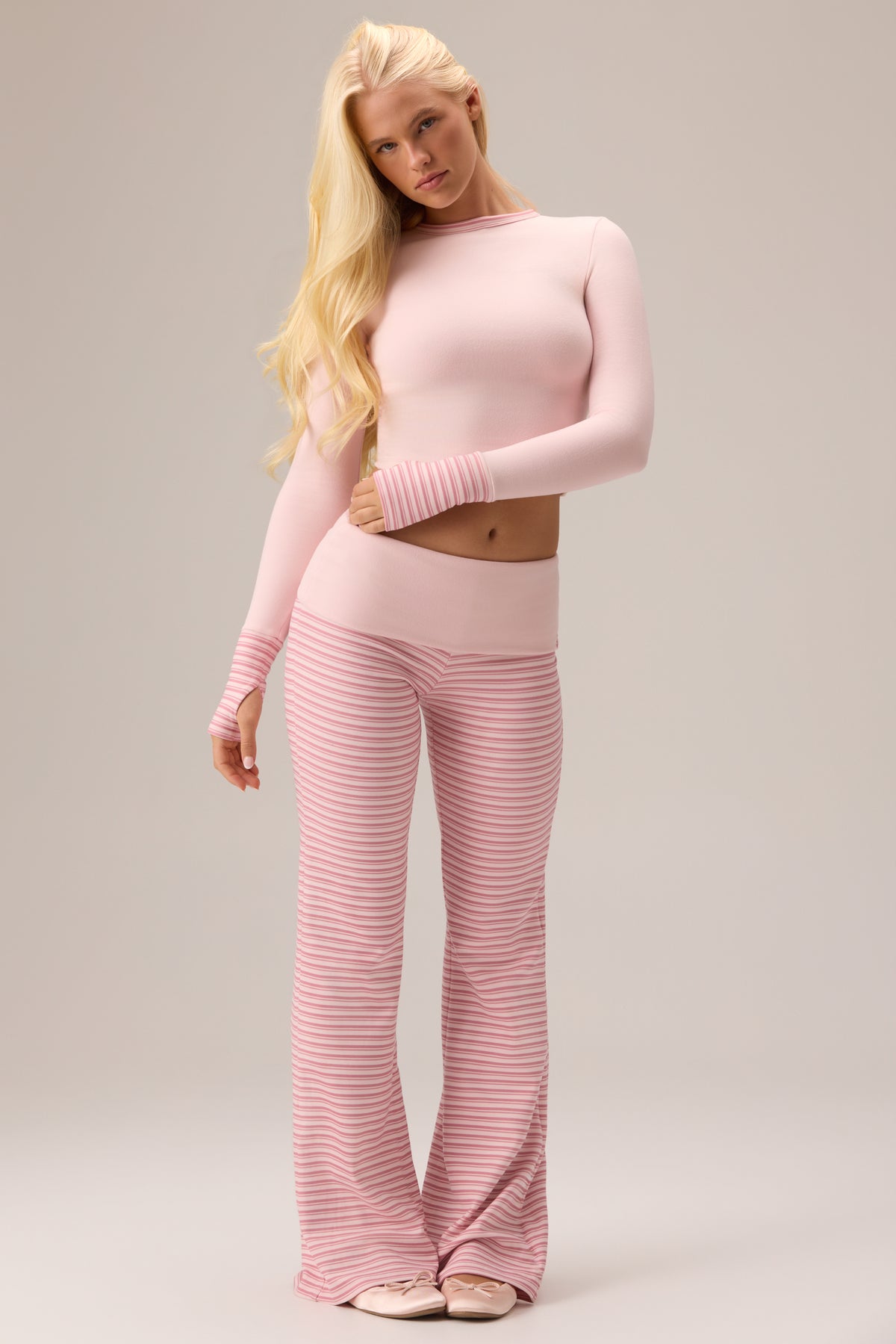Plush Jersey Wide-Leg Trousers in Berry Stripe