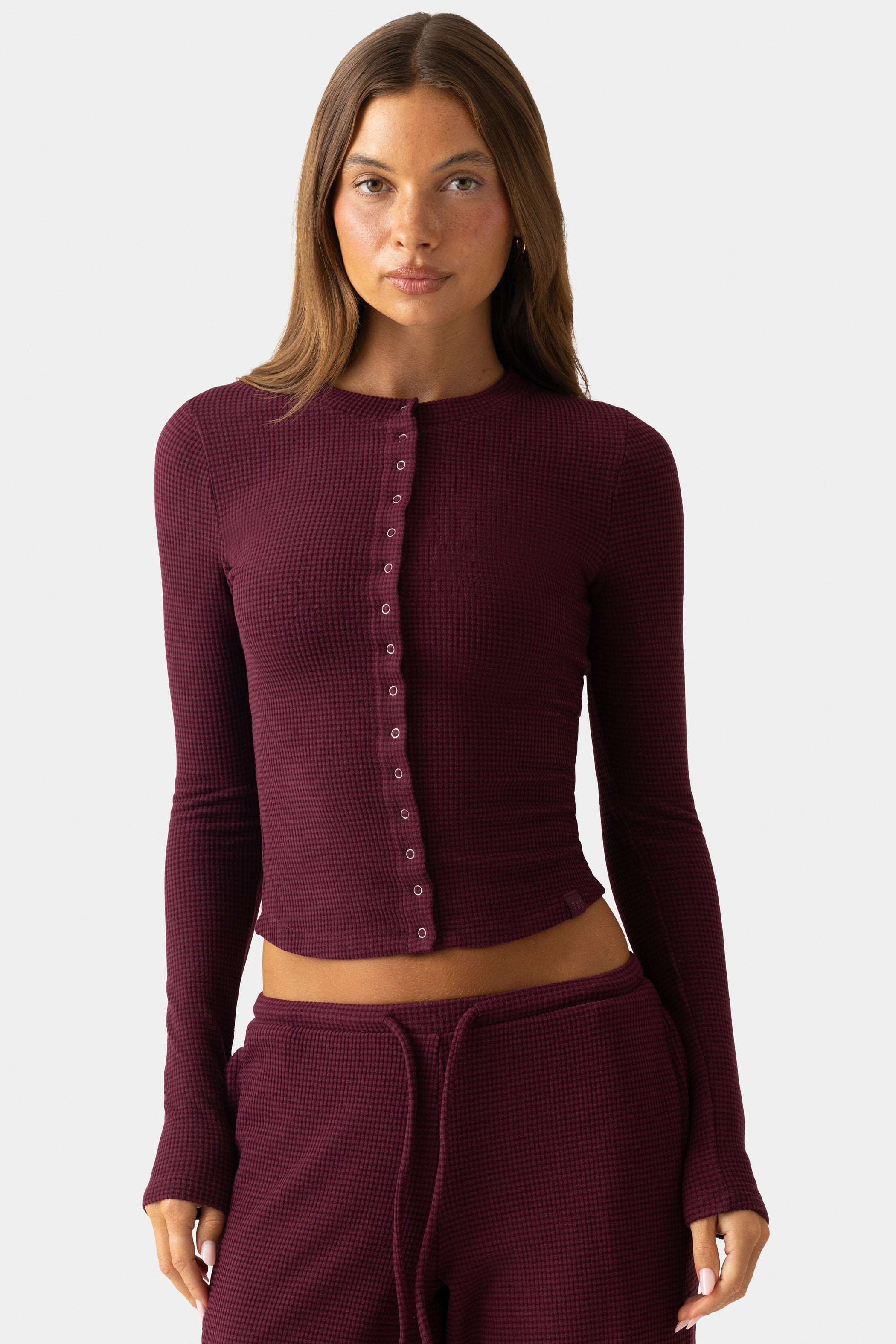Ribbed Jersey Crewneck Cardigan  in Burgundy