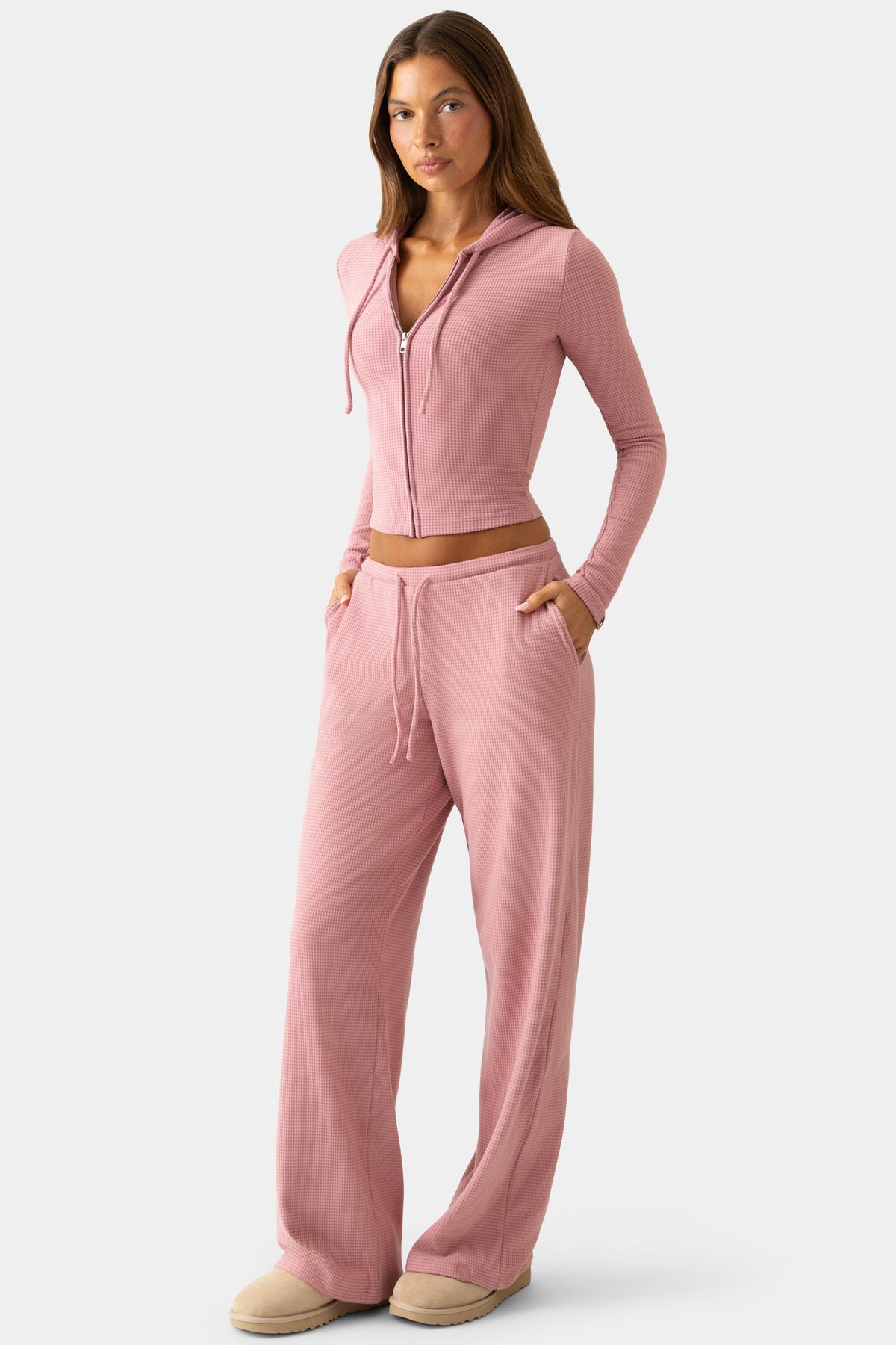 Ribbed Jersey Low-Rise Trousers in Berry