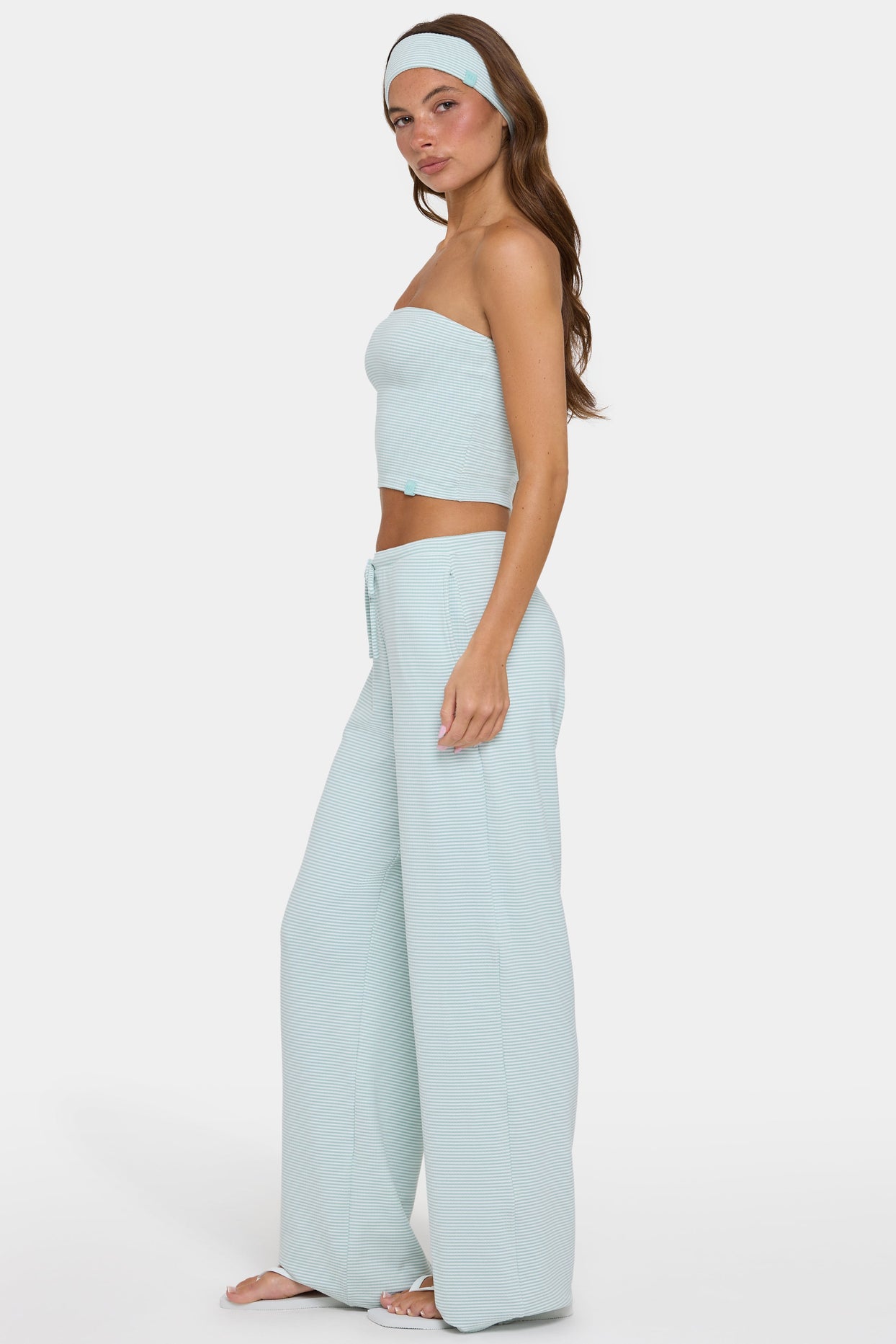 Ribbed Jersey Low-Rise Trousers in Mint Stripe - 4