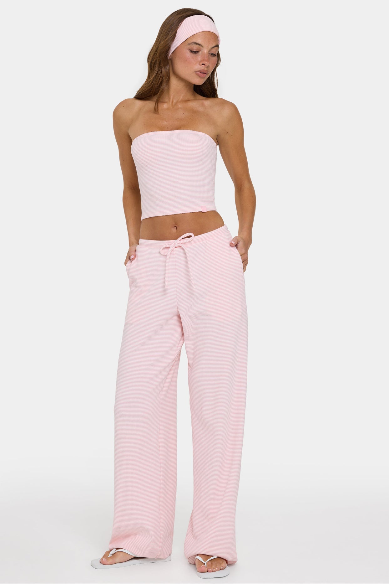 Ribbed Jersey Low-Rise Trousers in Peach Stripe - 6