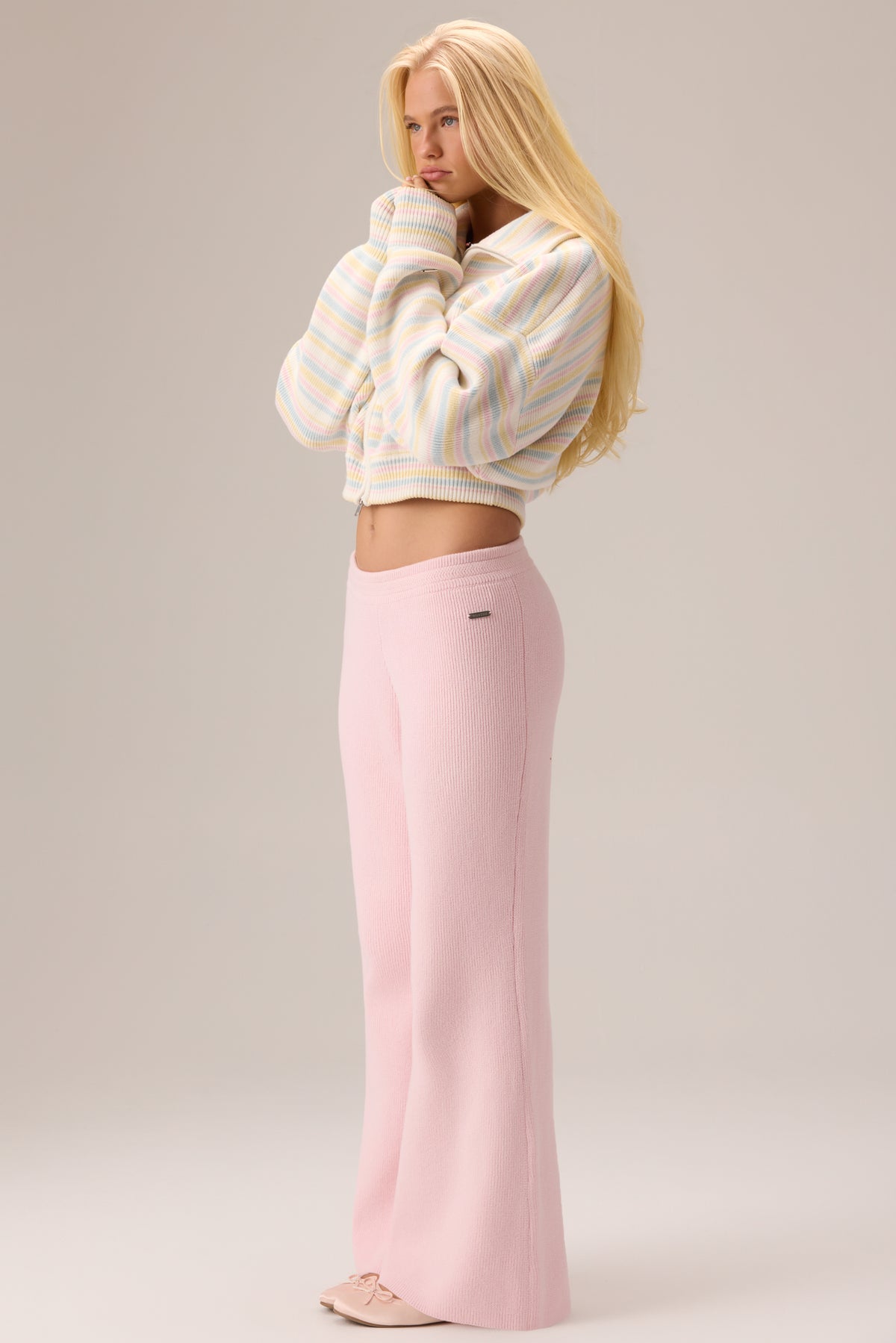 Ribbed Knit Wide-Leg Joggers in Ballet