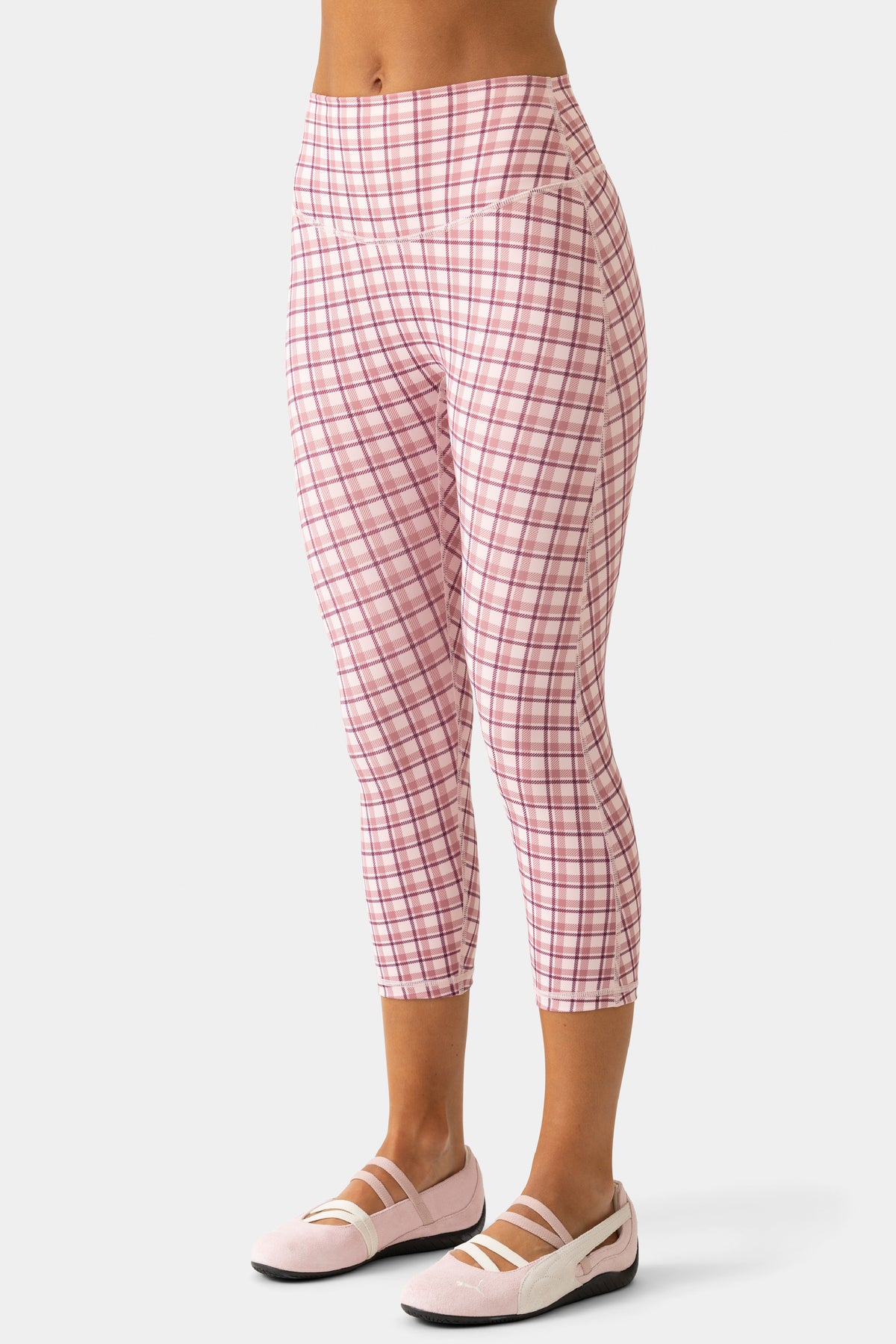 Soft Active Capri Leggings in Berry Plaid