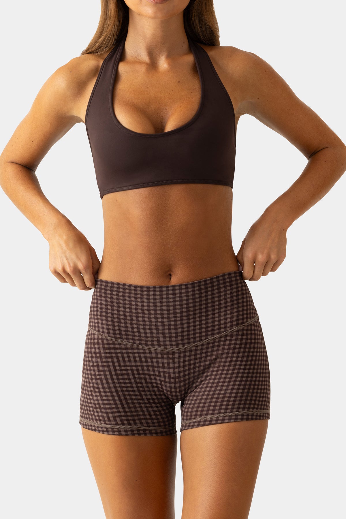 Soft Active Mini Shorts in Espresso Gingham