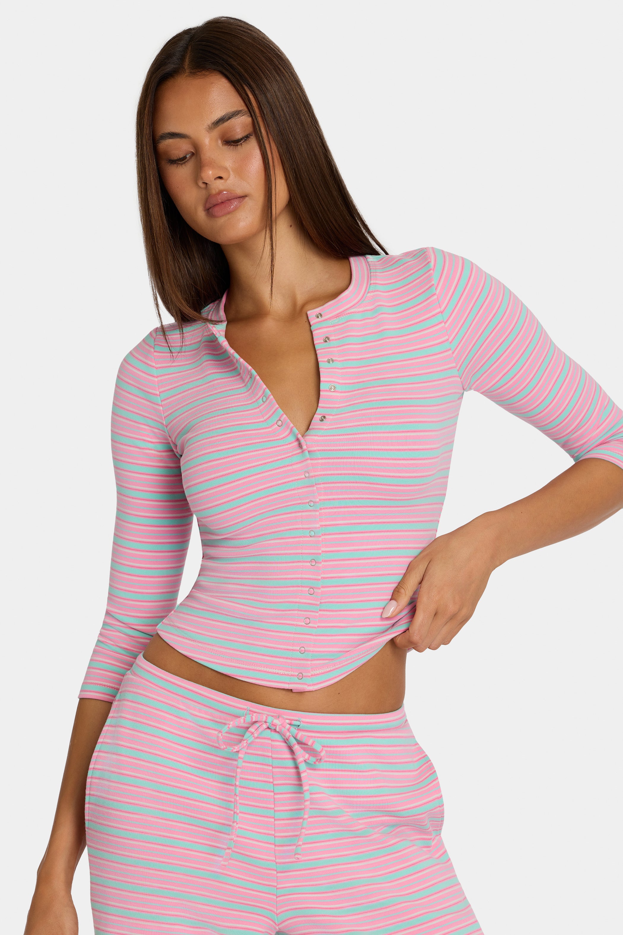 Brushed Jersey Crewneck Cardigan in Multi Stripe