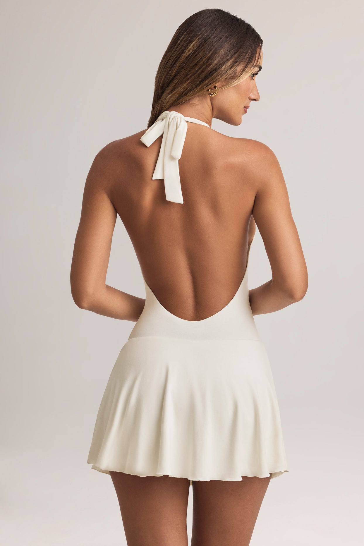 Modal Halterneck A-Line Mini Dress in White - 3