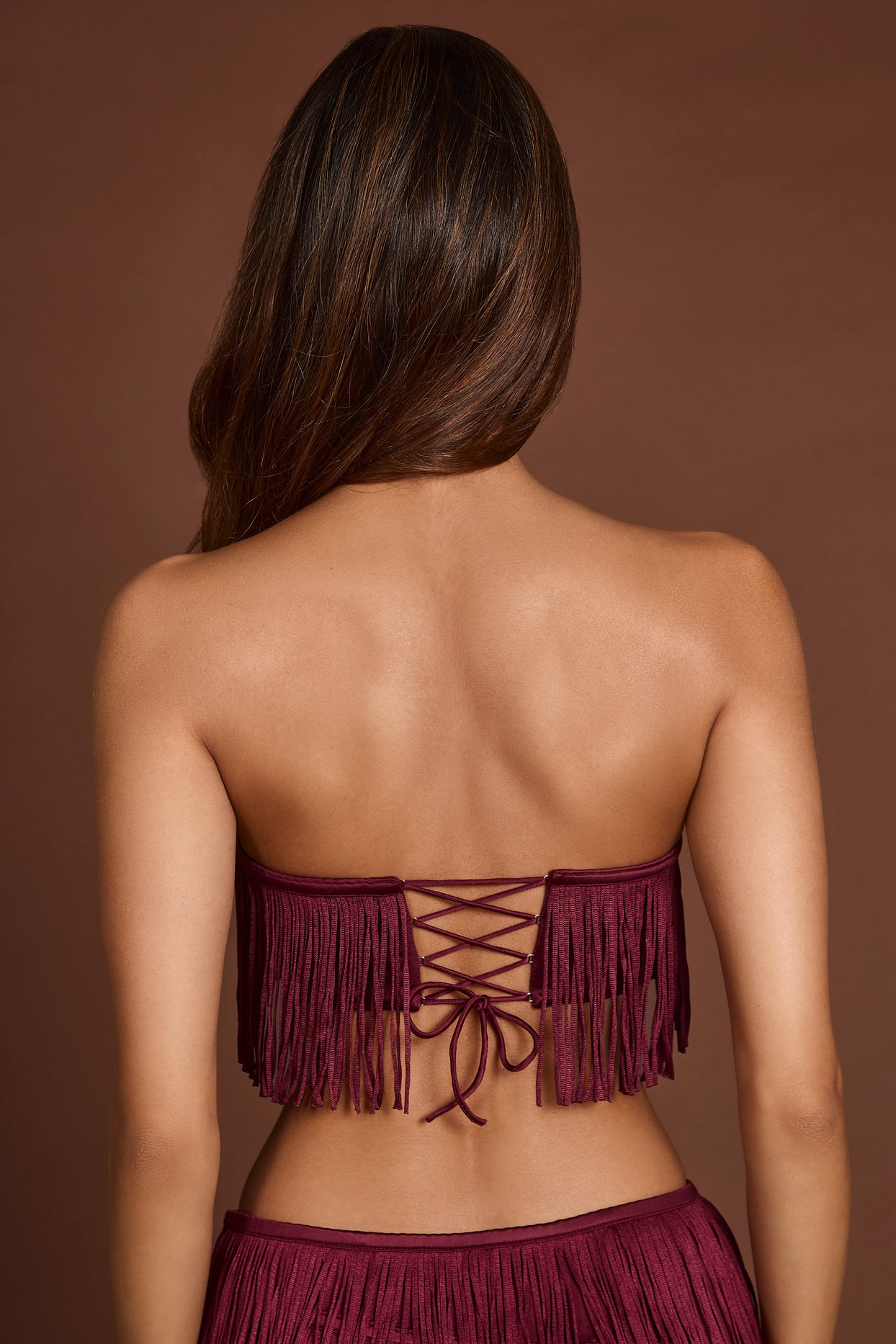 Fringed Bandeau Lace-up Crop Top in Wine Red - 2