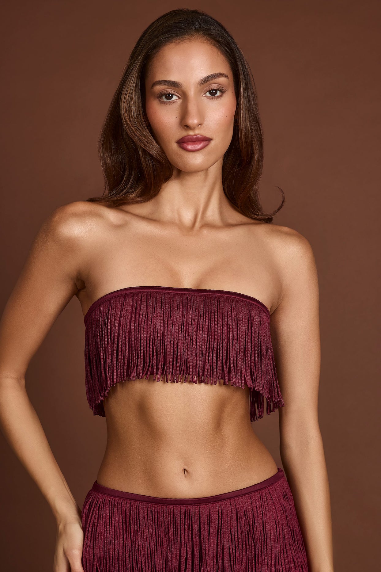 Fringed Bandeau Lace-up Crop Top in Wine Red - 4