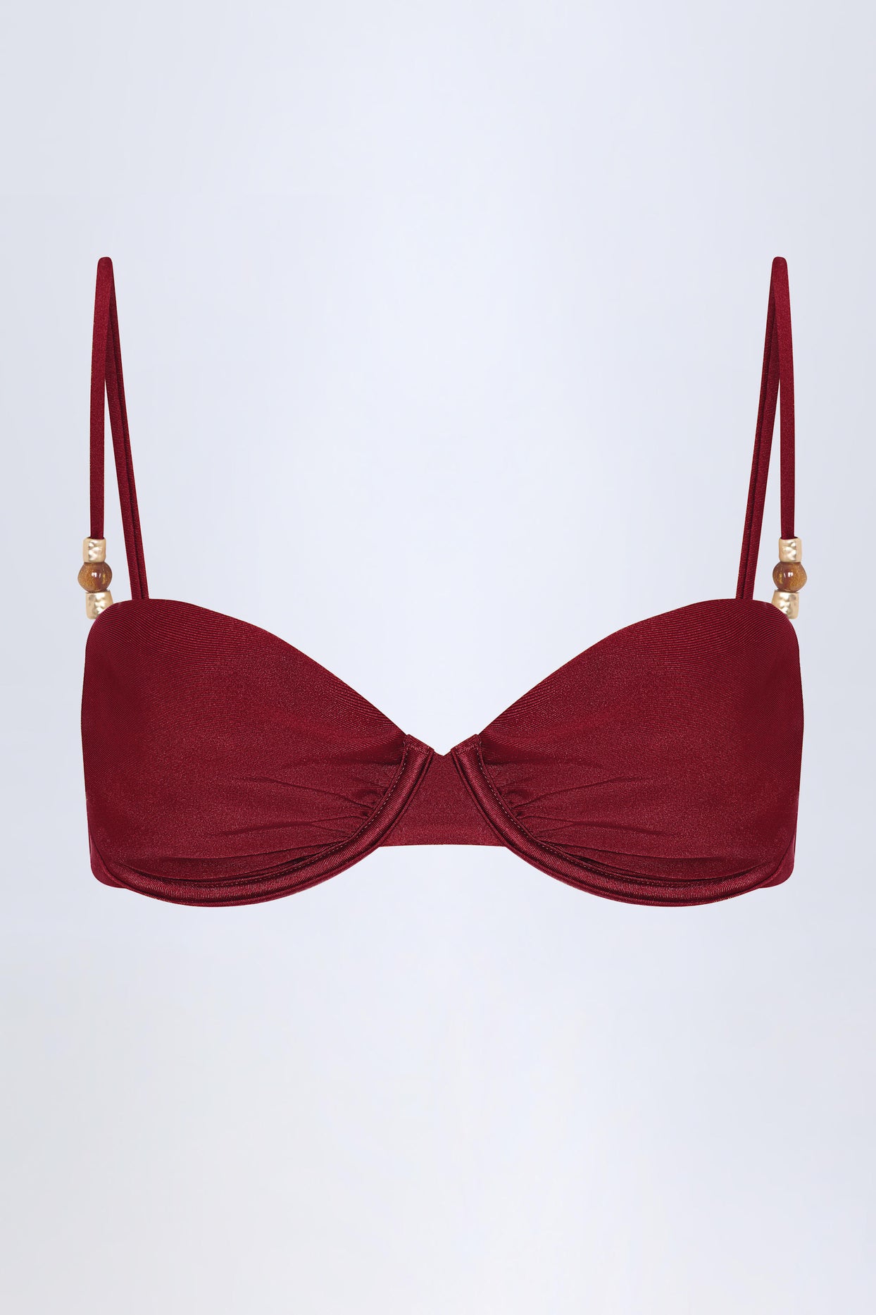 Bead-Embellished Ruched Underwired Bikini Top in Dark Cherry - 3