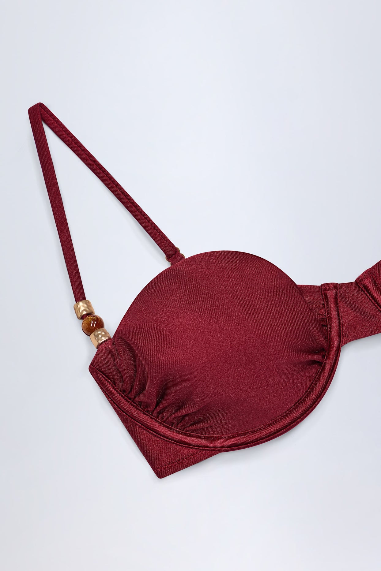 Bead-Embellished Ruched Underwired Bikini Top in Dark Cherry - 6