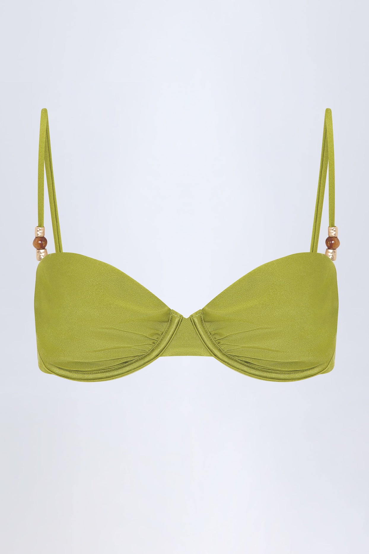 Bead-Embellished Ruched Underwired Bikini Top in Olive Green - 3