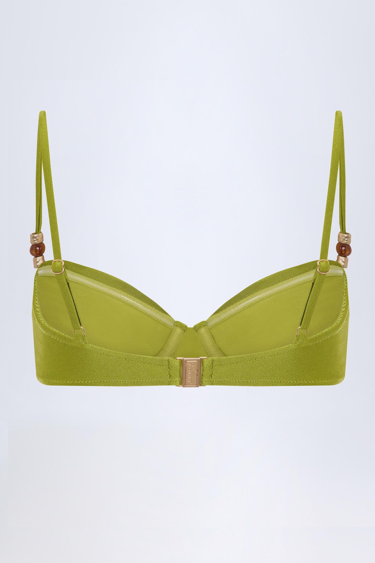 Bead-Embellished Ruched Underwired Bikini Top in Olive Green - 4
