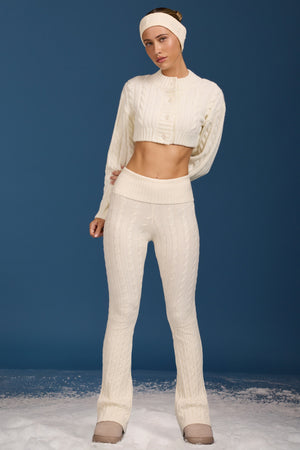 Cable Knit Foldover Flared Trousers in Cream