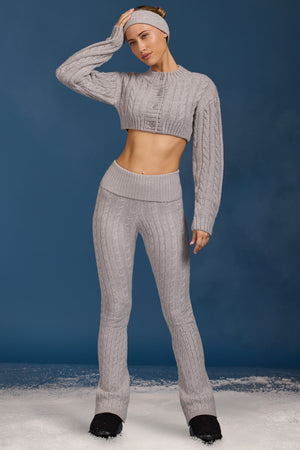 Cable Knit Foldover Flared Trousers in Grey Marl