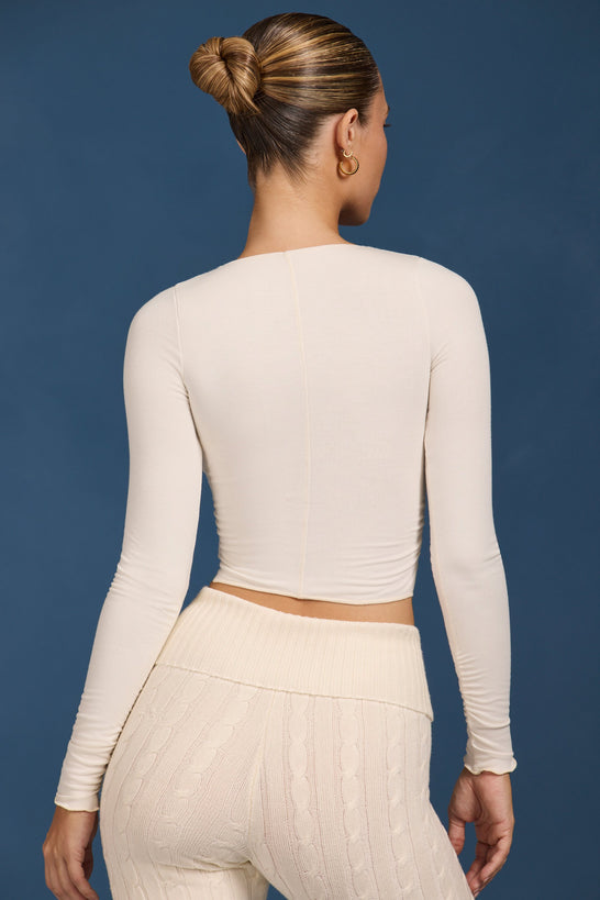 Ruched Long-Sleeve Crop Top in Cream