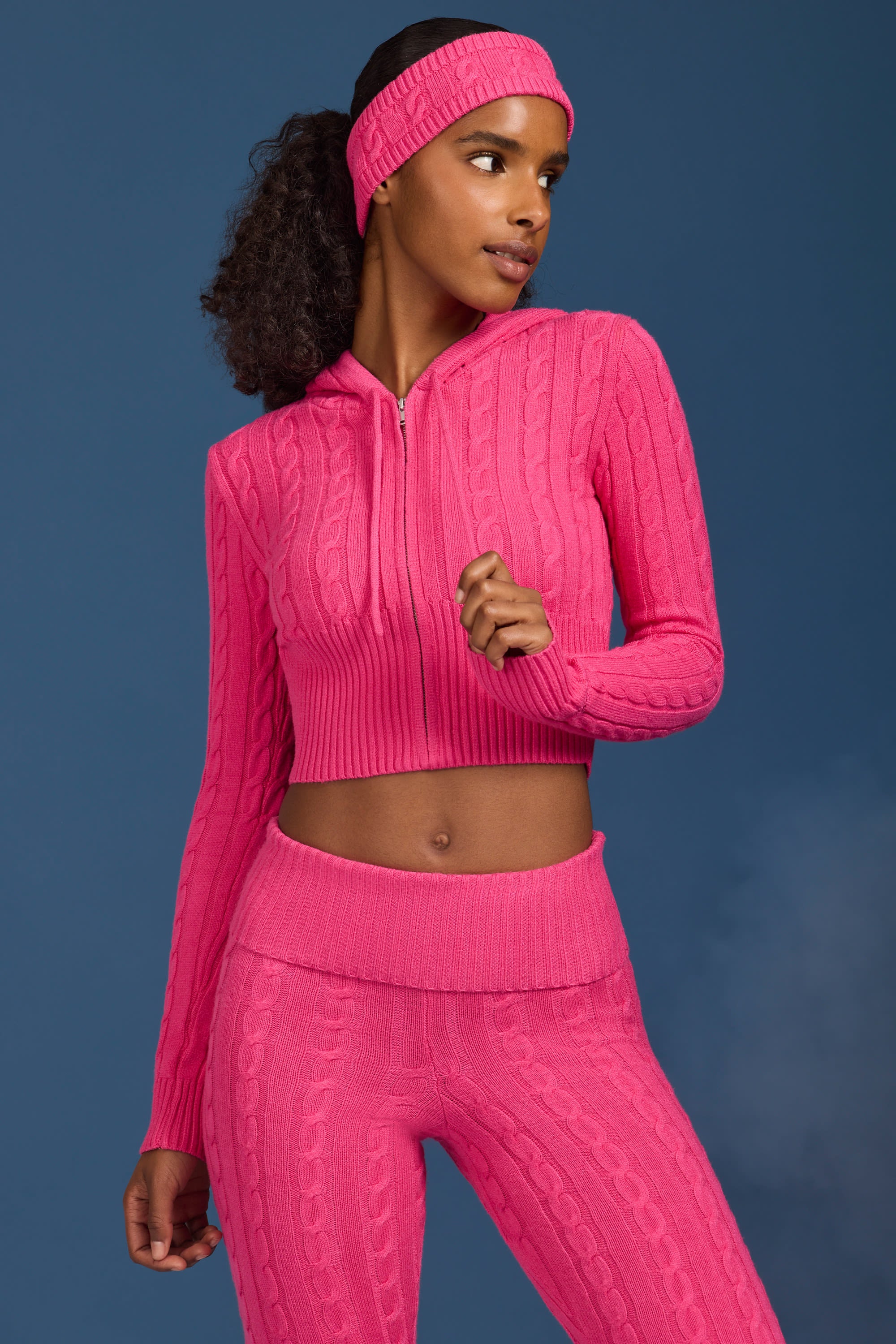 Cable Knit Zip Up Hoodie in Hot Pink Oh Polly