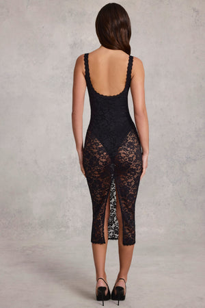 Lace Plunge Bodysuit Midaxi Dress in Black