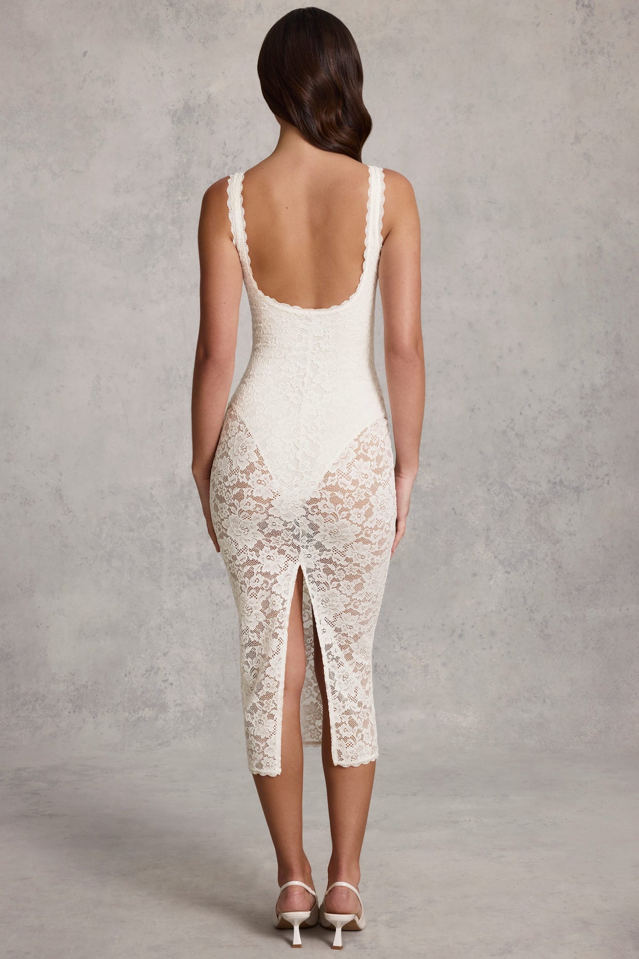 Sheer Lace Scalloped Plunge Bodysuit Midaxi Dress in White - 2