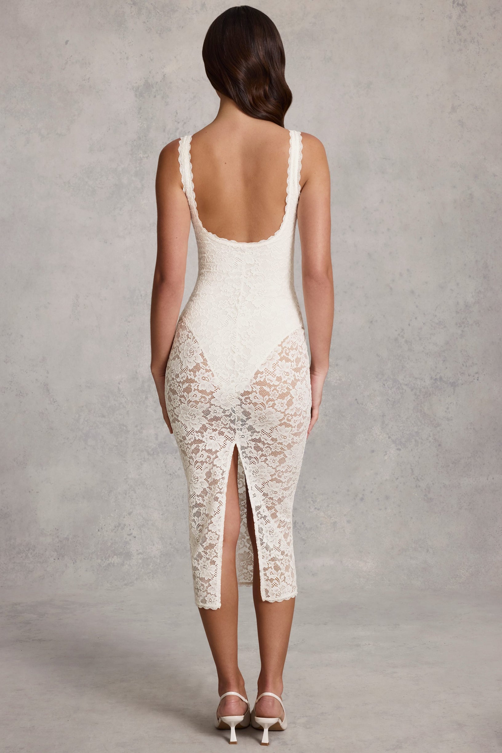 Sheer Lace Scalloped Plunge Bodysuit Midaxi Dress in White - 2