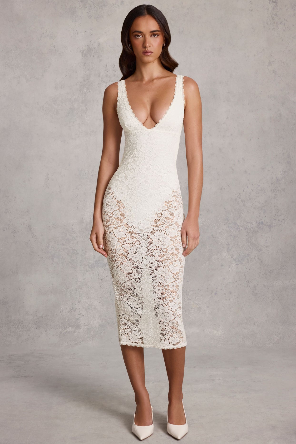 Sheer Lace Scalloped Plunge Bodysuit Midaxi Dress in White - 5