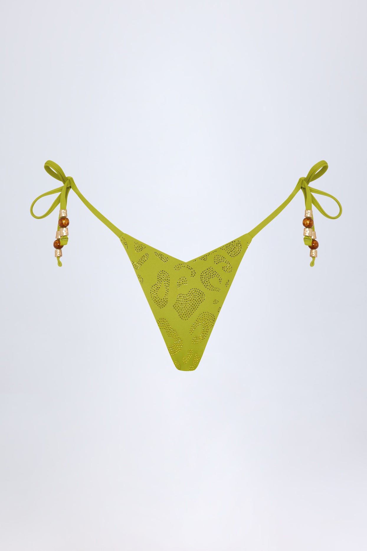 Charm-Detail Thong Bikini Bottoms in Olive Green - 3
