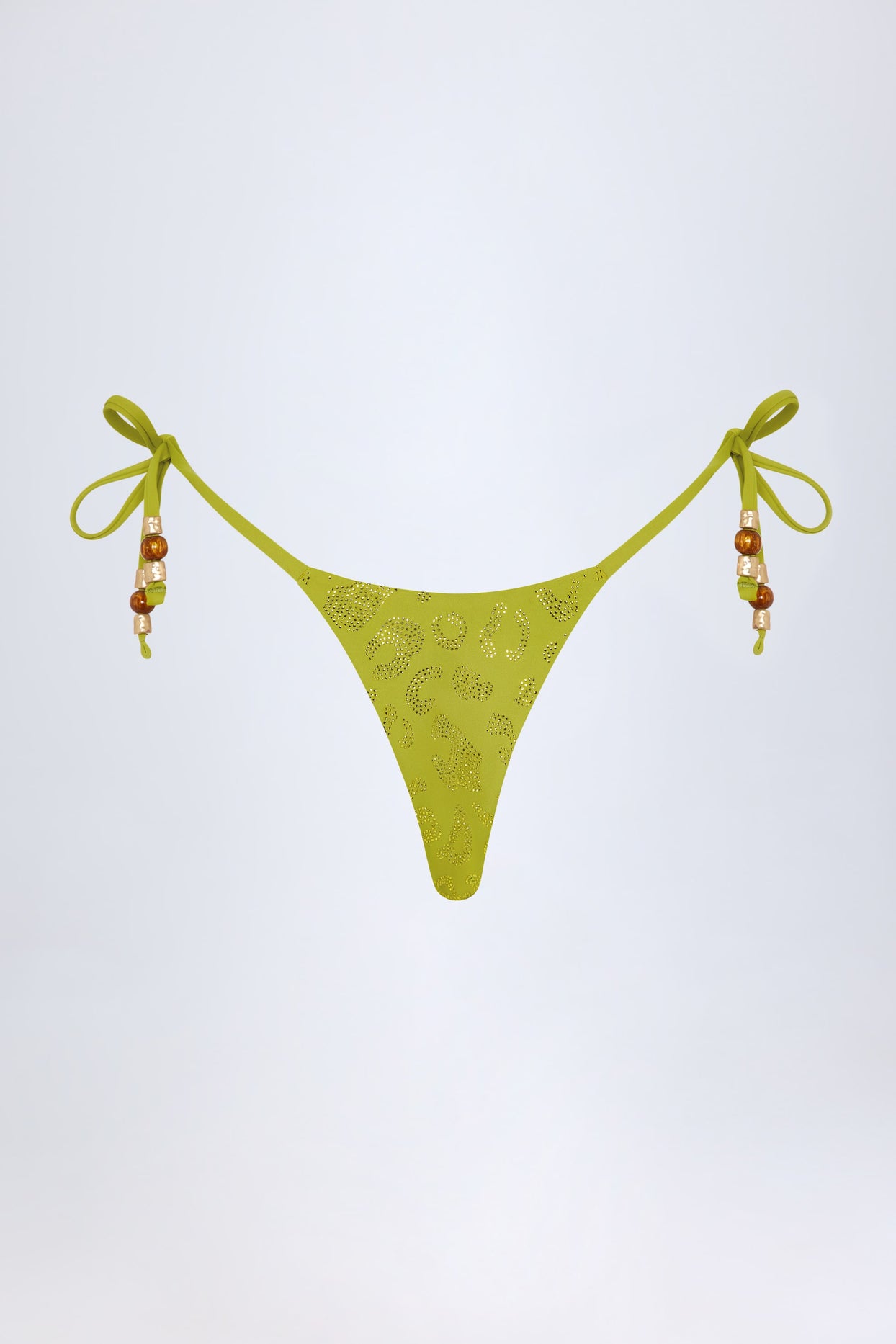 Charm-Detail Thong Bikini Bottoms in Olive Green - 4