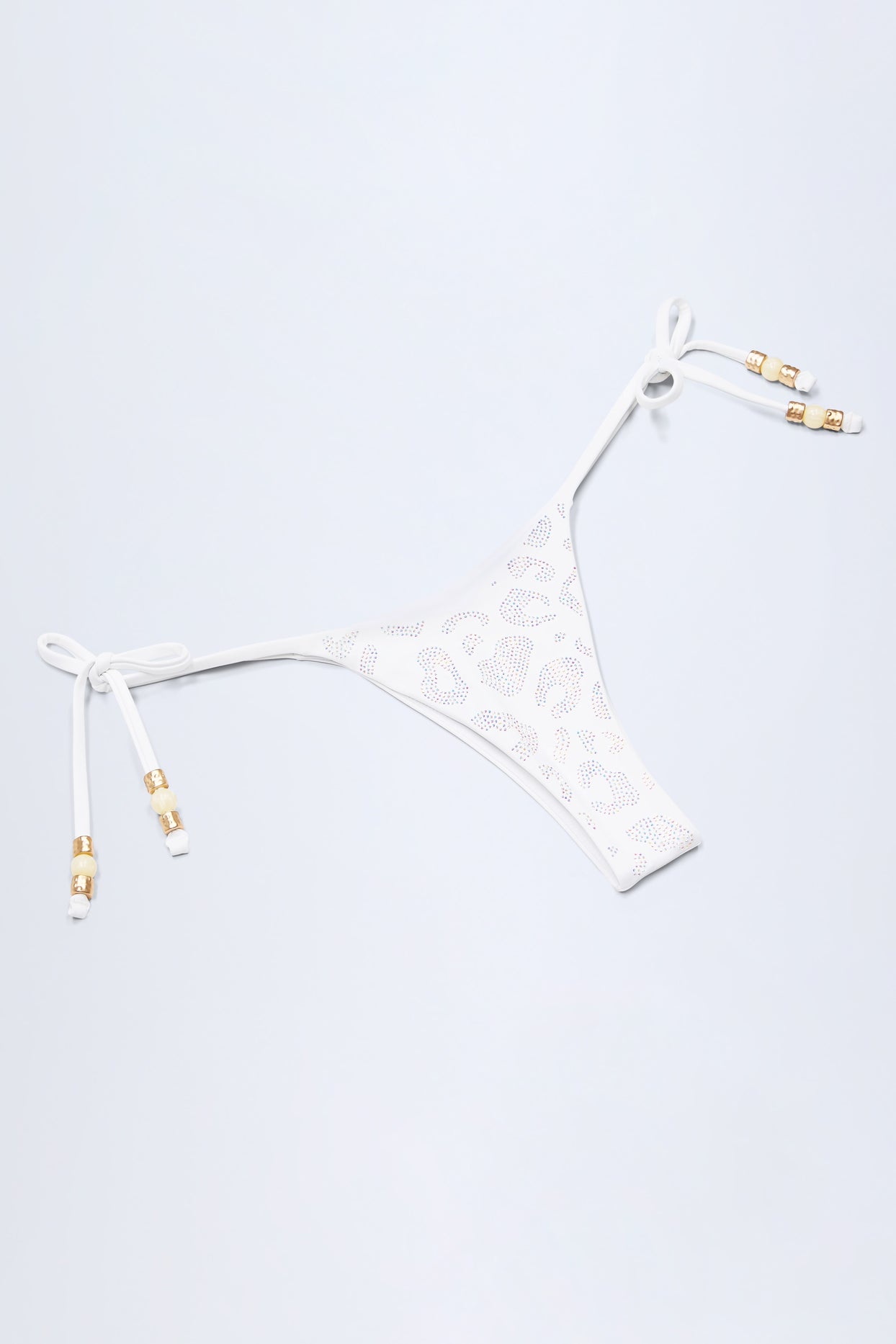 Side-Tie Bead Thong Bikini Bottoms in White Leopard Hotfix - 6