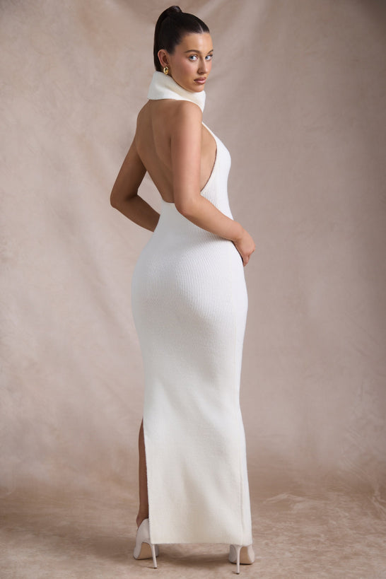 Ribbed-Knit Turtleneck Backless Maxi Dress in Ivory