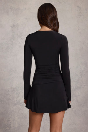 Ruched Long-Sleeve A-Line Mini Dress in Black