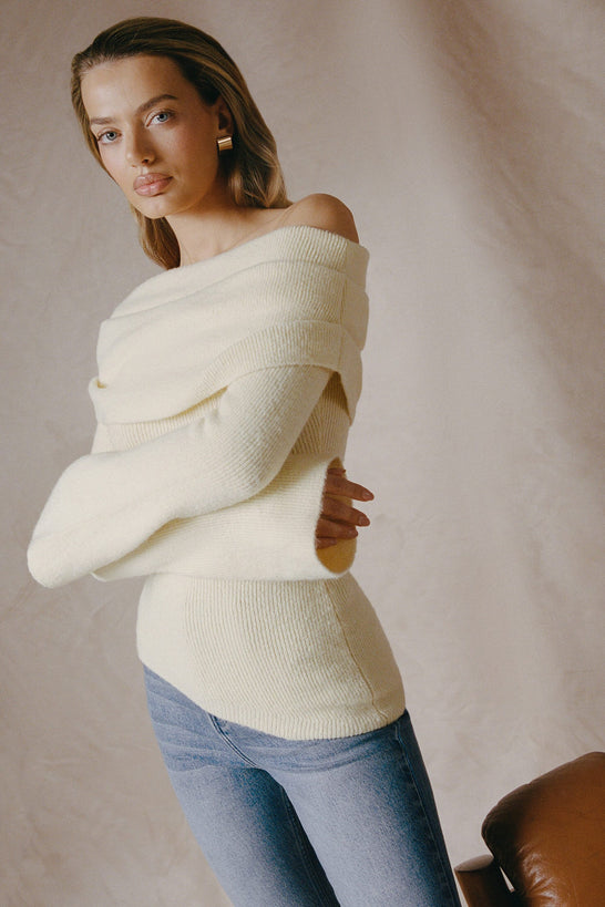 Ribbed-Knit Asymmetric Off-Shoulder Jumper in Butter Yellow