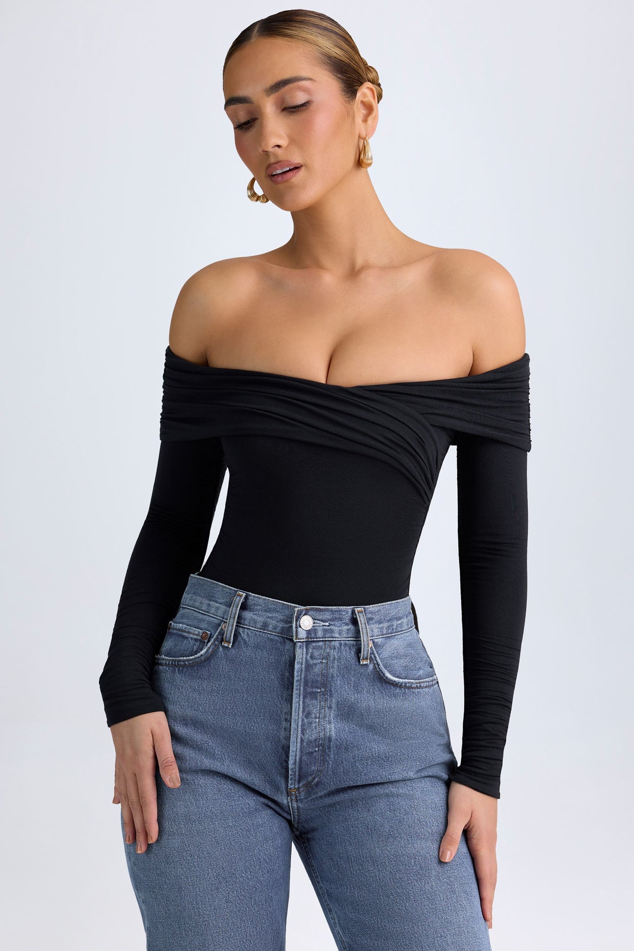 Modal Off-Shoulder Ruched Bodysuit in Black - 5